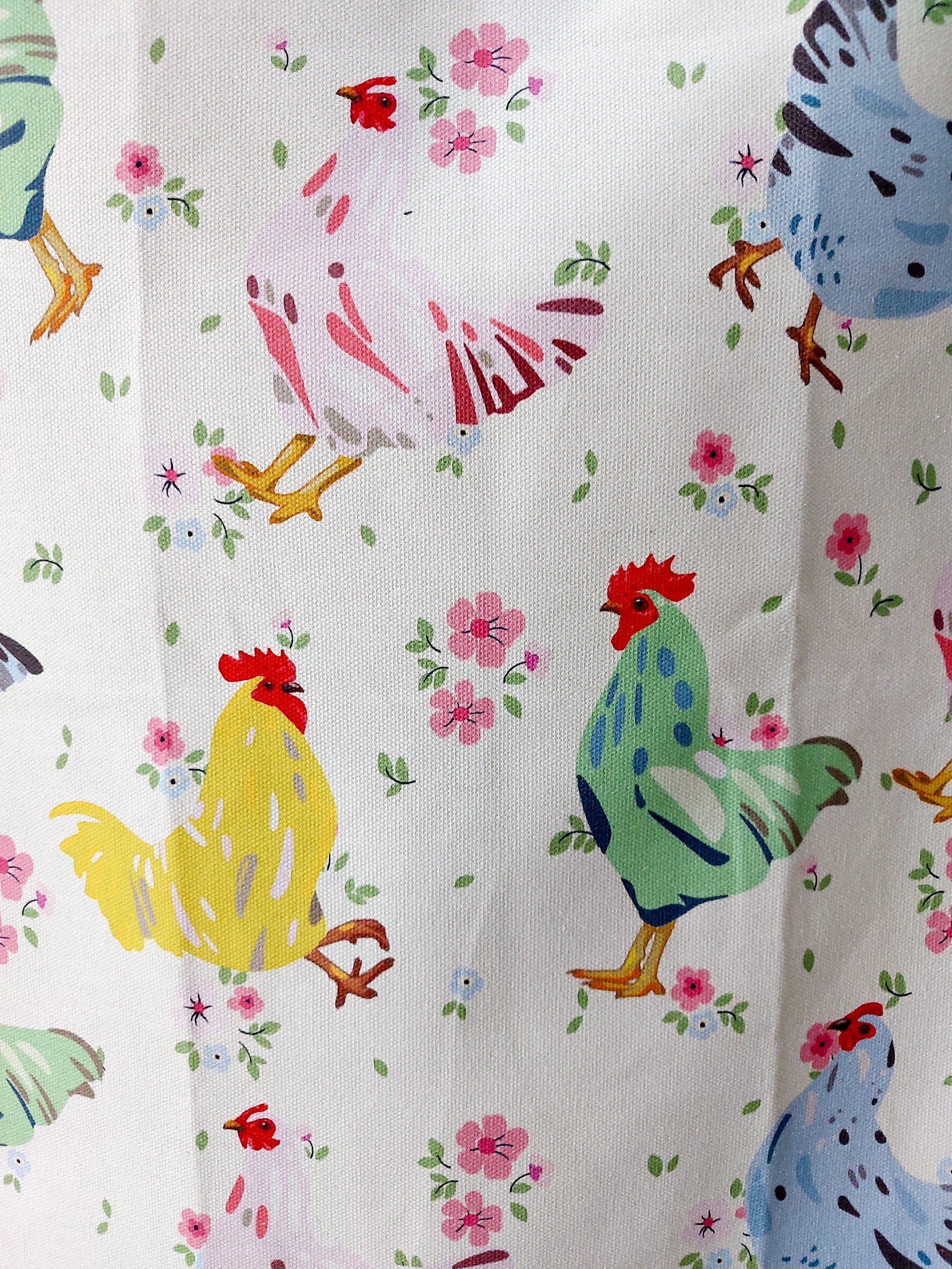Close up photo of yellow, green and pink chooks on a cream background with pink flowers