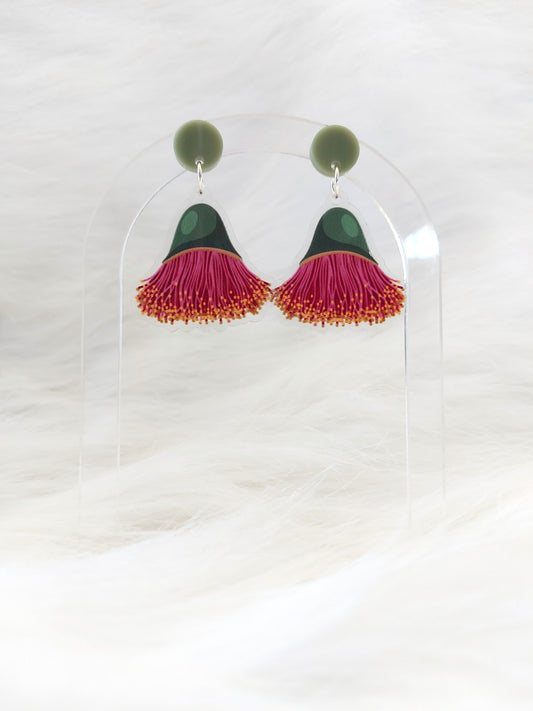 Pair of lightweight acrylic earrings featuring an upside down eucalyptus blossom in pink and green, with a pale olive coloured stud at the top, designed and made in Australia with stainless steel posts and large accessible backs