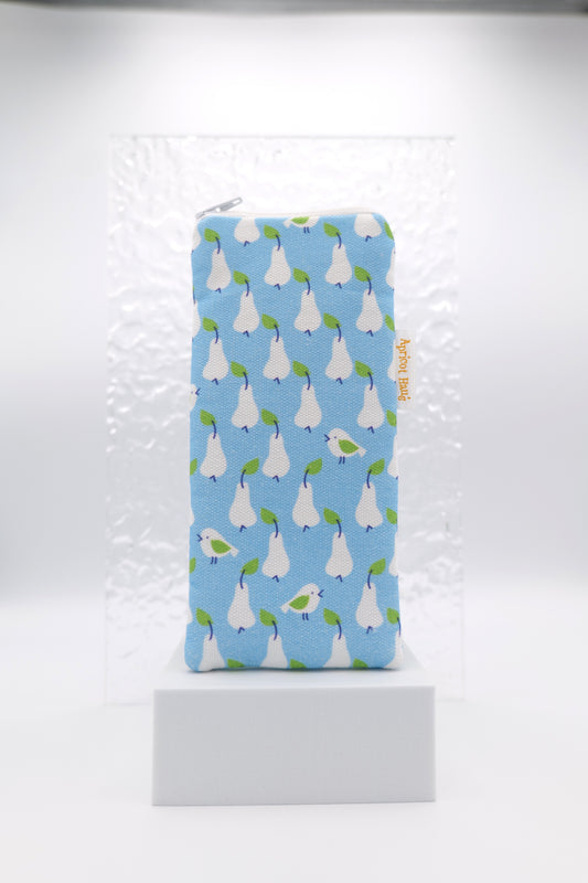 Glasses case featuring the Just Pears design with white pears and small birds arranged on a blue Scandinavian‑inspired background; made from cotton canvas with a zip‑top closure, padded and lined to protect lenses, handmade in Melbourne and certified Australian Made; pattern placement may vary slightly due to the handmade nature of the product.