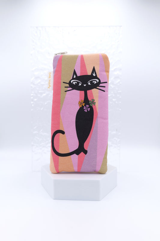 Glasses case featuring the Mod Meow design with a black stylised mid-century cat and background of geometric shapes in a muted retro palette; made from cotton canvas with a zip‑top closure, padded and lined to protect lenses, handmade in Melbourne and certified Australian Made.