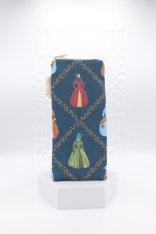 Glasses case with Tudor Birds design featuring whimsical birds dressed in tudor style gowns in orange, blue, green and red, arranged in a diamond pattern bordered by leafy vines; made from cotton canvas with zip top closure, padded and lined with soft cotton, handmade in Melbourne and certified Australian Made; pattern placement may vary slightly due to the handmade nature of the item.